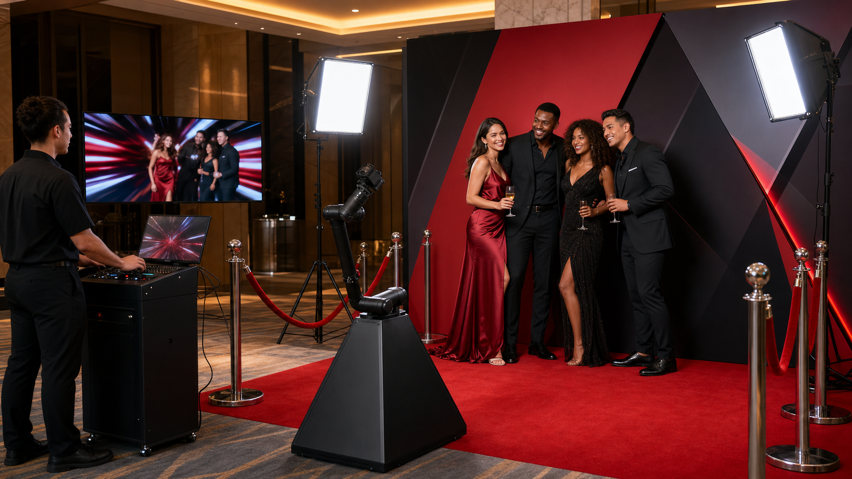 Nationwide Red Carpet Robot experiential activation with a glambot, posing guests, red carpet, stanchions, scenic backdrop, lighting, display and operator console